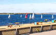 Sailing yachts floating on the Volga river on a summer sunny day