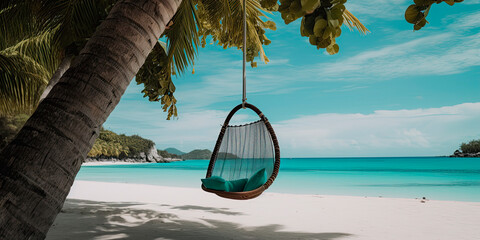 Wall Mural - A tree swing chair on a palm tree with the turquoise beach on the back ground