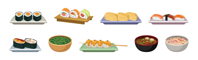 Wall Mural - Asian Food with Sushi and Sashimi Served on Board Vector Set