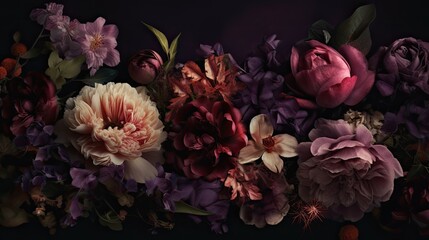  Blooming peonies in burgundy, pink and purple shades. Beautiful wallpaper texture, Mother's day card, floral banner