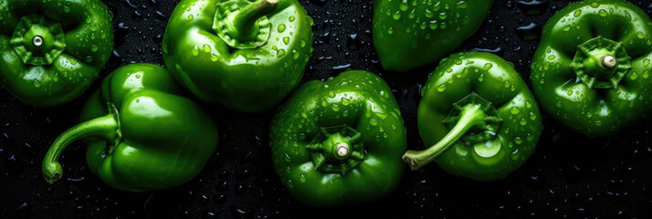 close up shot of green peppers, top view, water drop, panoramic, studio light, on black background, gastronomy photo, AI