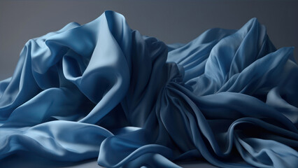 Closeup of crumpled blue satin fabric on blue background generative ai