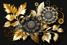 Black And Gold Illustration Of Sunflowers And Leaves On Black Background. Ai Generative
