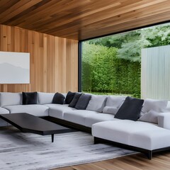 Wall Mural - 20 A contemporary, minimalist living room with a mix of white and natural wood finishes, a low-profile sectional sofa, and a large, abstract painting1, Generative AI