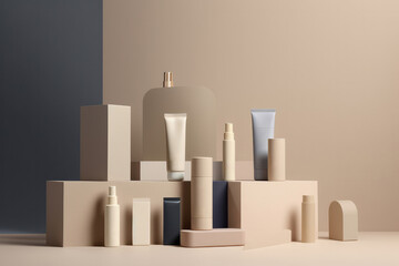 blank cosmetics products containers. beauty product display. Generative ai