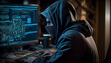 Hooded hacker sitting in front of a computer, AI generative