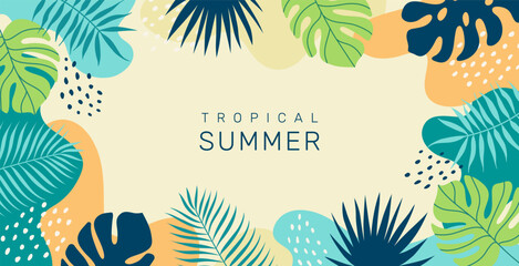 Summer abstract tropical background with palm leaves. Floral exotic hawaiian wallpaper. Modern trendy colorful design. Vector template for greeting cards, posters, banners.
