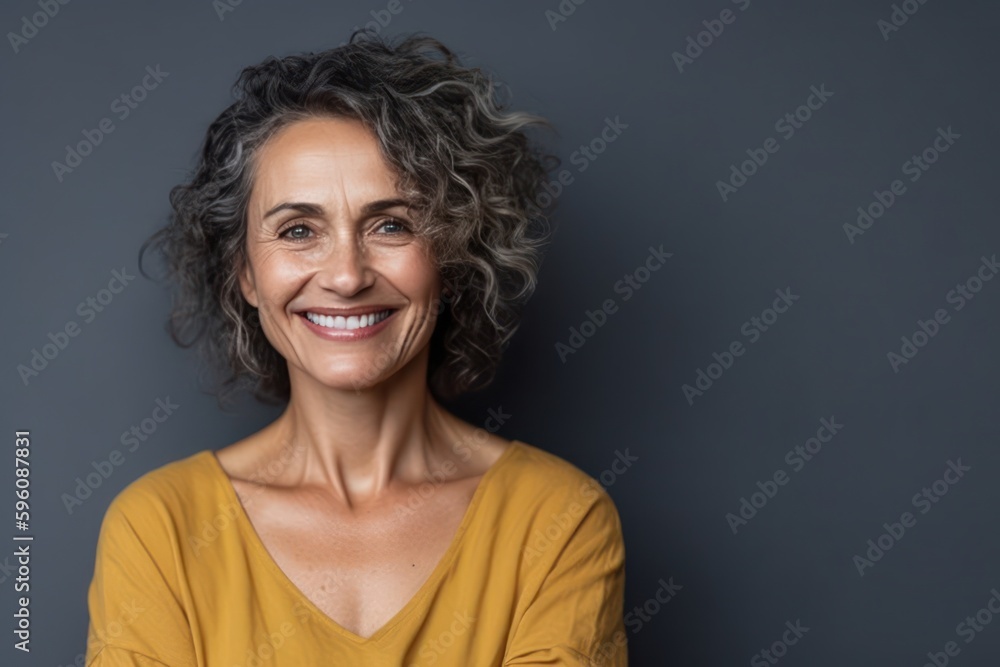 Smiling beautiful attractive mature woman looking at the camera of gray ...