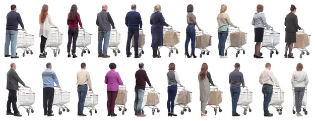 Wall Mural - a group of people with a cart stand with their backs isolated