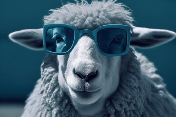 Wall Mural - Funny cute sheep in sunglasses with happy emotion. AI generated, human enhanced