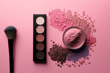 Wall Mural - makeup brush and eye shadow on pink background. AI Generated