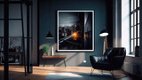 Fototapeta Paryż - Modern loft style living room interior with a black frame for a photo poster. Generative AI