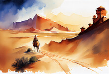 A Serene Desert Scene With A Lone Camel Caravan Heading Towards A Distant Mosque, Depicting The Vastness And Solitude Of The Journey Of Faith, Watercolor Style Generative AI