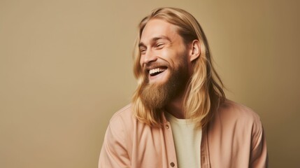 Studio portrait of a fictional handsome nordic man with long blonde hair and a beard laughing candidly. Isolated on a plain background. Generative AI illustration.