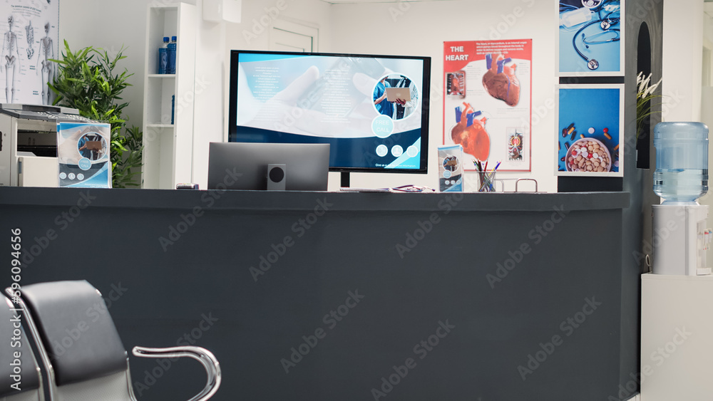 Empty reception counter at health clinic, hospital waiting area for ...