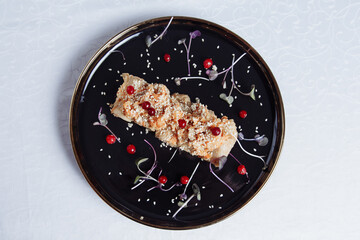 Wall Mural - cake with cherries, beautiful presentation of the dish from above, on a round bowl