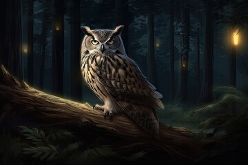 Canvas Print - an owl perched on a tree branch in the midst of a dense forest. Generative AI