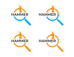 Hammer Search Find Logo Concept sign symbol icon Element Design. Plumbing Service, House, Home Repair, Plumber, Construction Building Logotype. Vector illustration template