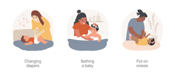 baby hygiene isolated cartoon vector illustration set. mom changing diaper, mother bathing a baby, d
