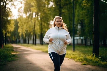 overweight young woman jogging in park at sunny summer. weight loss concept, created with generative