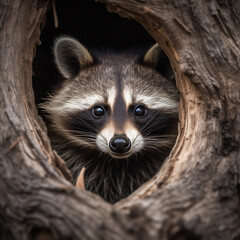 Wall Mural - A raccoon peaking from a tree, made with generative AI