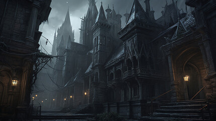 Wall Mural - A dark gothic city with mist at night, made with generative AI