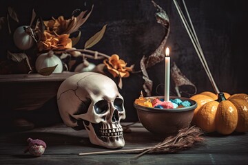 Poster - spooky Halloween scene with a skull and candy bowl. Generative AI