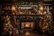 © bluebeat76 - A fireplace mantel covered in decorated Christmas trees, garlands of tinsel, gingerbread houses, old antique ornaments with handwritten notes tied to branches about family memories. Generative AI