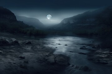 Wall Mural - serene river scene with a full moon in the night sky. Generative AI