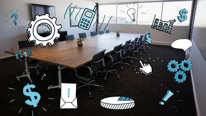 Wall Mural - Animation of multiple digital icons against empty meeting room at office