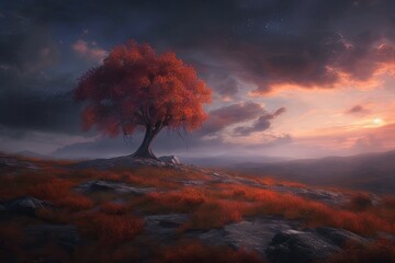 Canvas Print - majestic tree on a hill at sunset. Generative AI