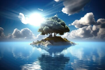 Poster - solitary tree on an idyllic island surrounded by calm ocean waters. Generative AI