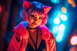 © wetzkaz - full body torso of beautiful smiling woman cosplay anime style, beautiful feminine pose anime aesthetic with bokeh and neon. Generative AI