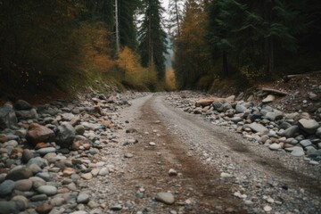 Poster - scenic dirt road winding through a rocky forest. Generative AI