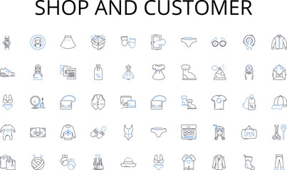  Shop and customer line icons collection. Graffiti, Concrete, Skyscrapers, Alleyways, Streetlights, Traffic, Noise vector and linear illustration. Pollution,Diverse,Vibrant outline signs set