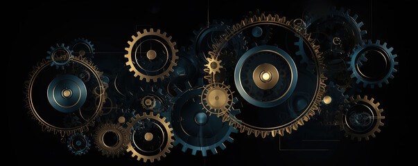 abstract 3d gears on dark background. concept of gear mechanics and cog mechanics. digital polygonal