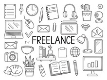 Freelance Doodle Set. Home Office In Sketch Style. Work From Home Concept. Hand Drawn Vector Illustration Isolated On White Background.