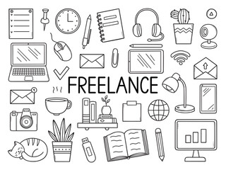 Freelance doodle set. Home office in sketch style. Work from home concept. Hand drawn vector illustration isolated on white background.