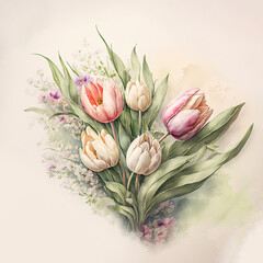 Wall Mural - Delicate watercolor tulips. Luxurious background for postcards. Generative AI