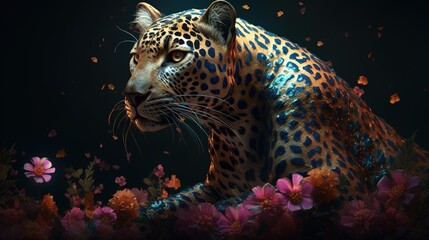 majestic leopard with colorful flower, digital art illustration, Generative AI