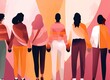 Minimalist illustration of back view of women holding hands. Sisterhood and feminism concept. Generative AI illustration