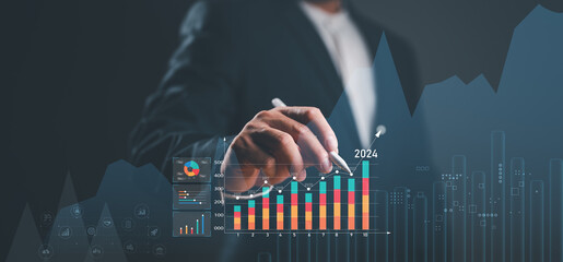 Leinwandbilder - Analyst working in Business Analytics and Data Management System to make report with KPI and metrics connected to database. Corporate strategy for finance, operations, sales, marketing.