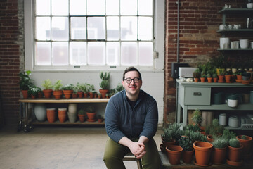 Canvas Print - A small business owner sitting on a chair in front of potted plants. AI generative image