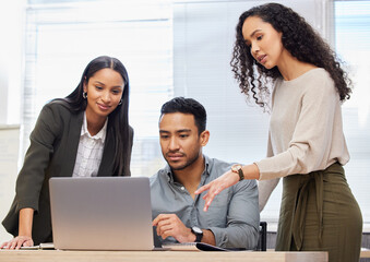 Sticker - We create the best projects together. a group of businesspeople using a laptop at work.