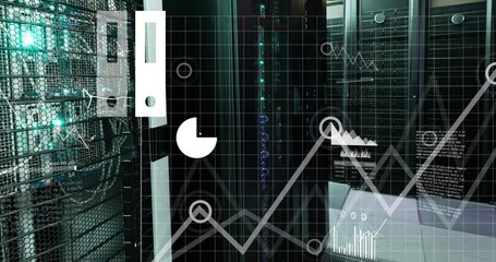 Wall Mural - Cloud icon with charts and graphs processing data over glowing servers in dark computer server room