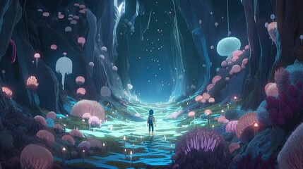 person lost in magical cave, digital art illustration, Generative AI