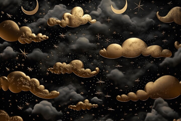 Wall Mural - black and gold night sky illustration with moon and clouds. neural network ai generated art