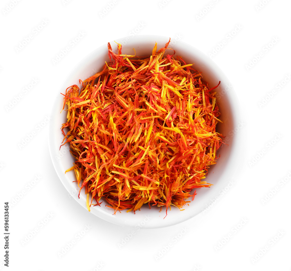 Bowl with Pile of saffron on white background