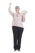 happy old lady with a wad of dollar bills .