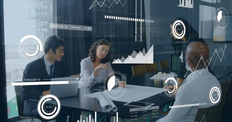 Poster - Animation of data processing over diverse colleagues discussing together in a meeting room at office